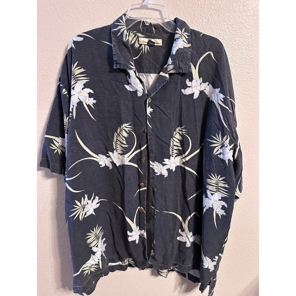 Tommy Bahama XXL 100% Silk‎ Black Floral Hawaiian Camp Shirt Mens